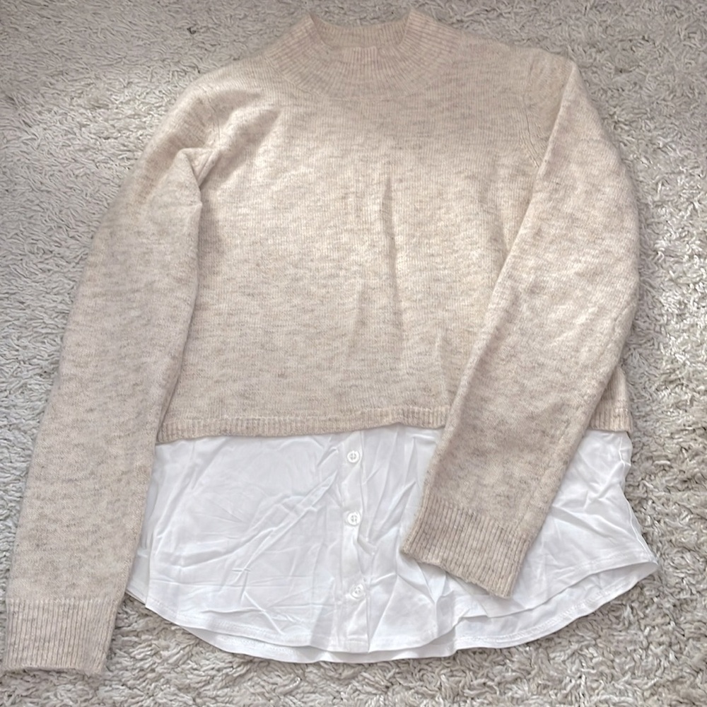 Kohls, Oatmeal mockneck sweater with attached button down shirt/ layered look